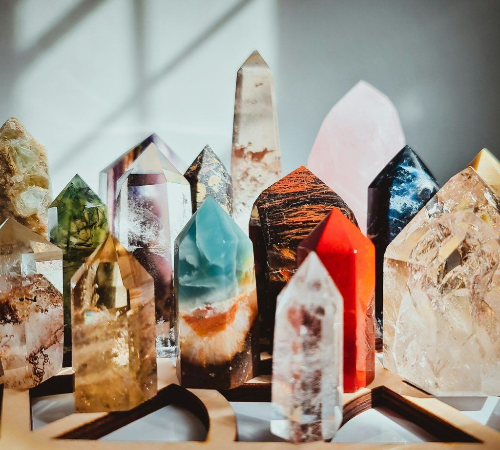 A vibrant collection of colorful lab-grown crystals
