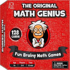 Family sitting around a table playing the MathGenius educational math board game