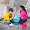 Child using a smart pen on an interactive talking globe for kids with AR app open