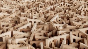 A chaotic landscape of wooden building blocks.