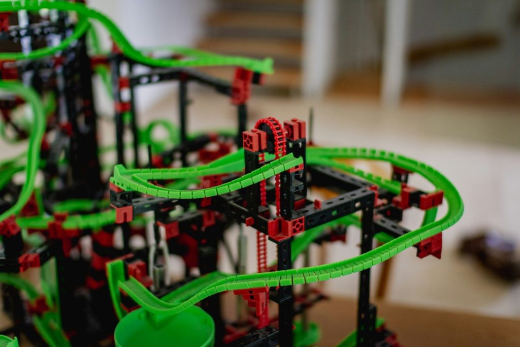 A colorful plastic marble run set for kids showcasing gravity-defying tracks