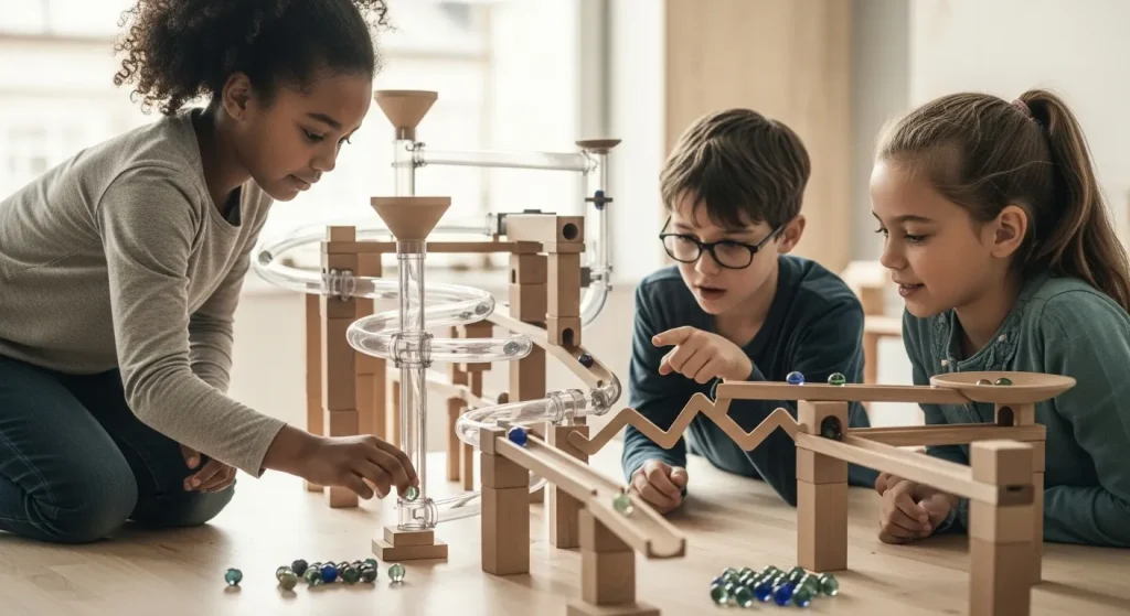 A child excited as they release a marble into a newly built high-speed track